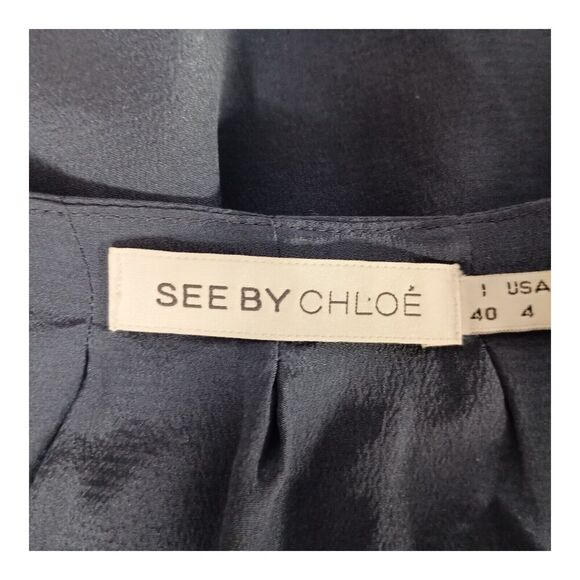 See By Chloe 100% Silk Blouse Top Long Sleeve Round Neck Blue Women's 4 - Picture 3 of 5